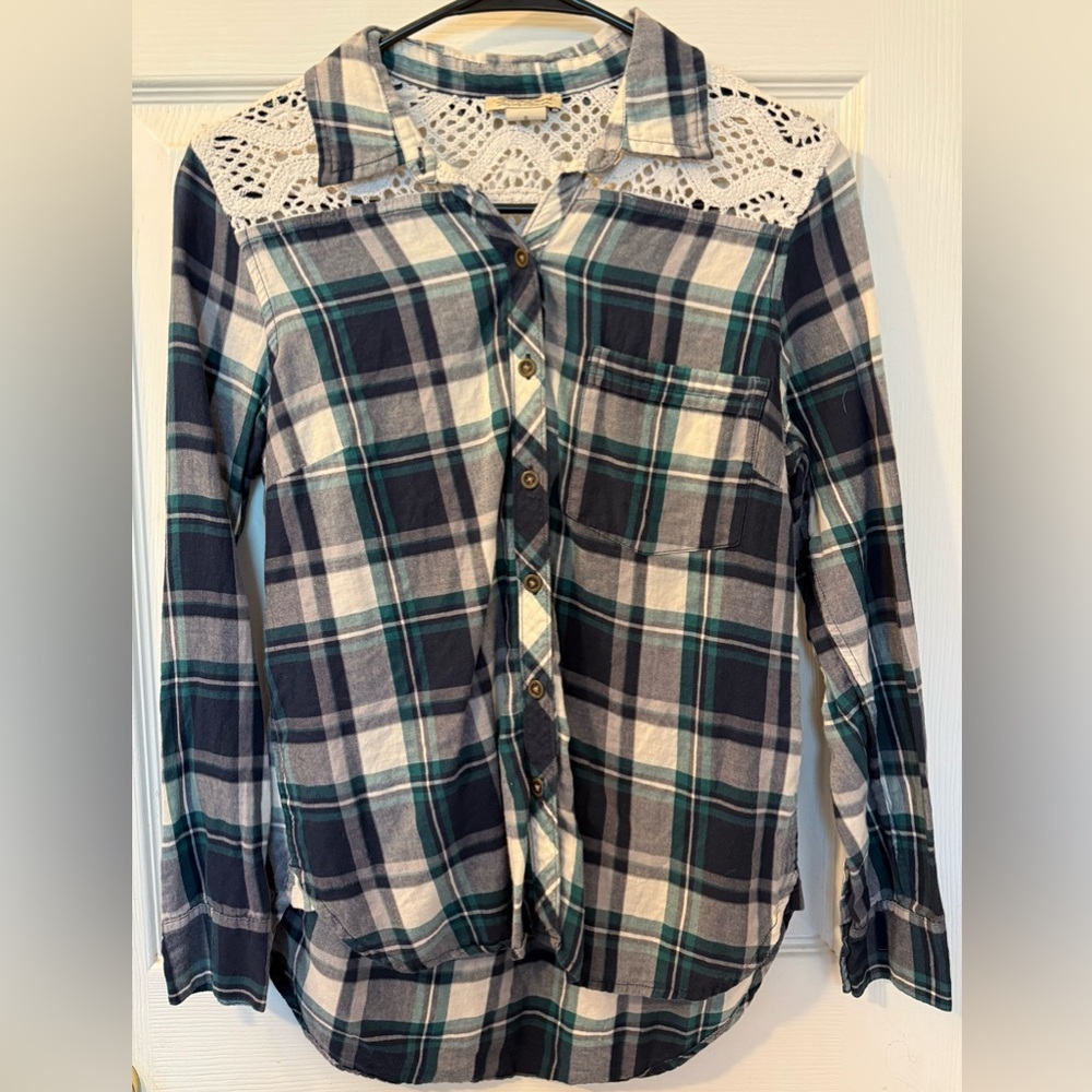 Lucky Brand Plaid Button-Down Shirt in Green, Black & White with Lace Yoke